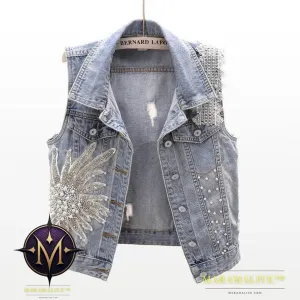 Women's Lace Studded Beaded Denim Coat
