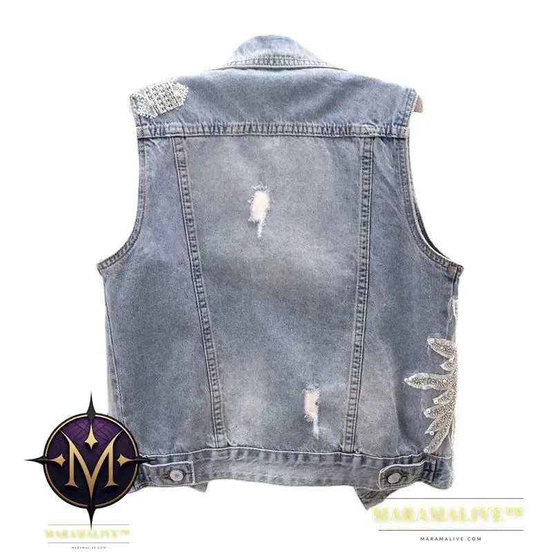 Women's Lace Studded Beaded Denim Coat