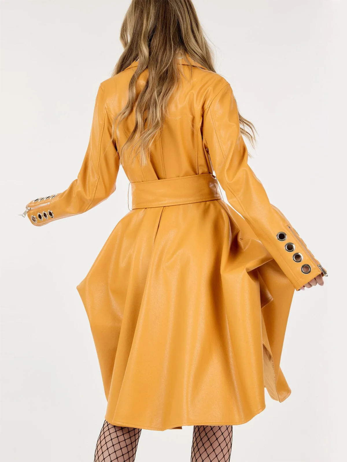 WOMEN'S LONG SLEEVE BUTTON CLOSURE BELTED PU PLEATHER COAT