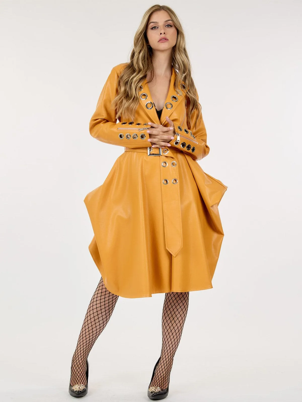 WOMEN'S LONG SLEEVE BUTTON CLOSURE BELTED PU PLEATHER COAT