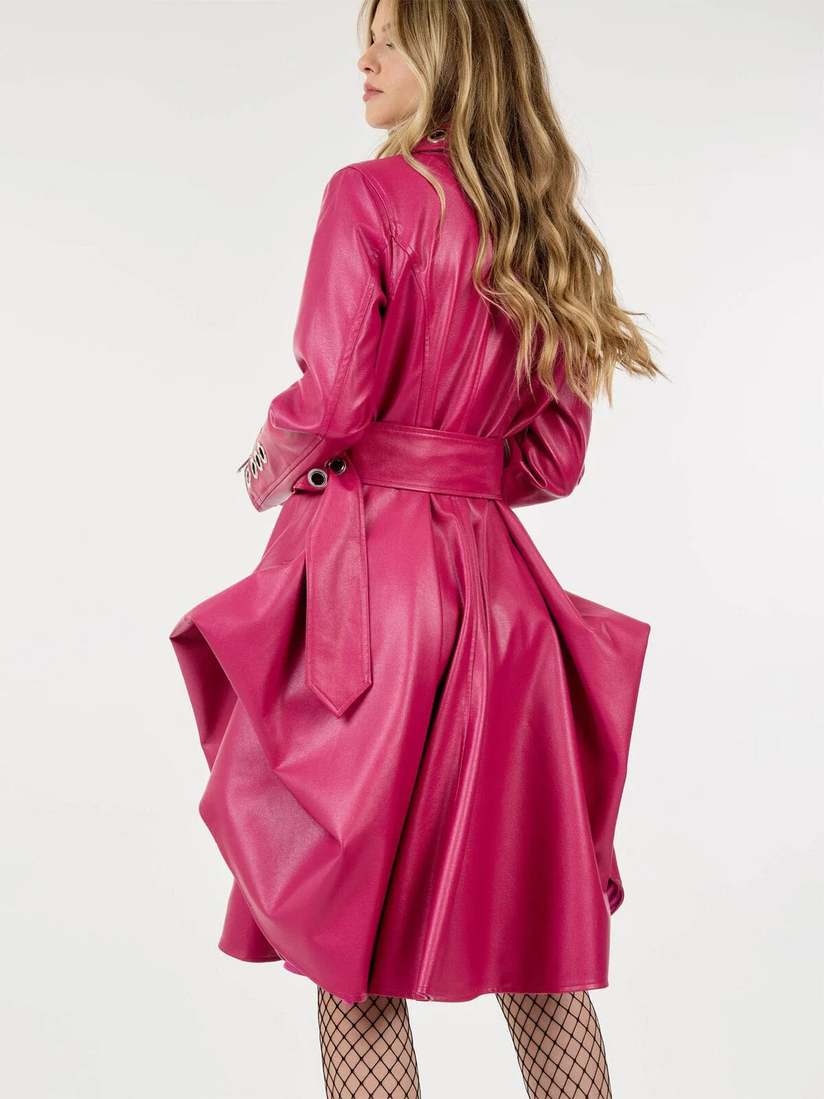 WOMEN'S LONG SLEEVE BUTTON CLOSURE BELTED PU PLEATHER COAT