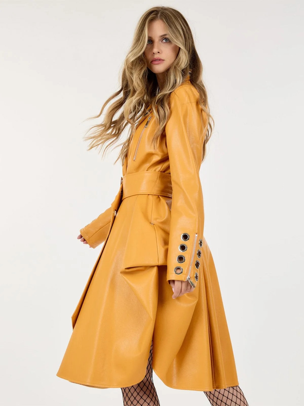WOMEN'S LONG SLEEVE BUTTON CLOSURE BELTED PU PLEATHER COAT