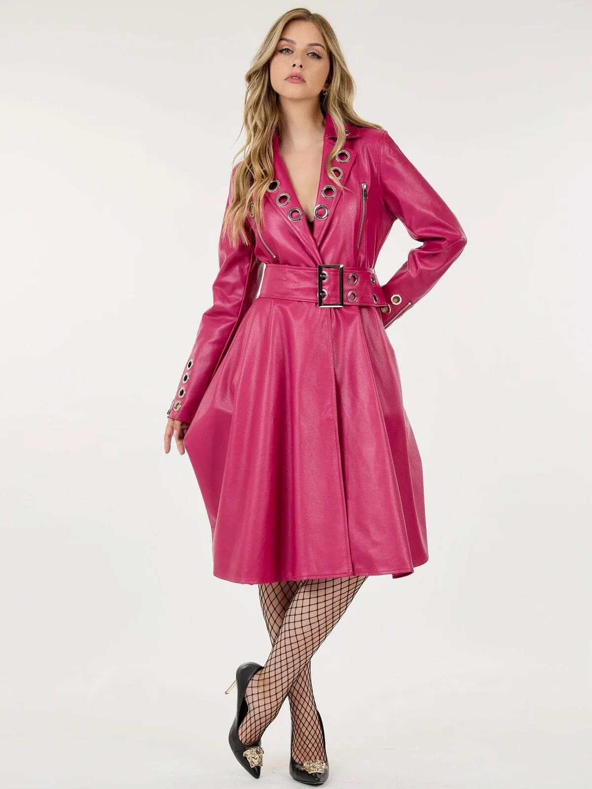 WOMEN'S LONG SLEEVE BUTTON CLOSURE BELTED PU PLEATHER COAT
