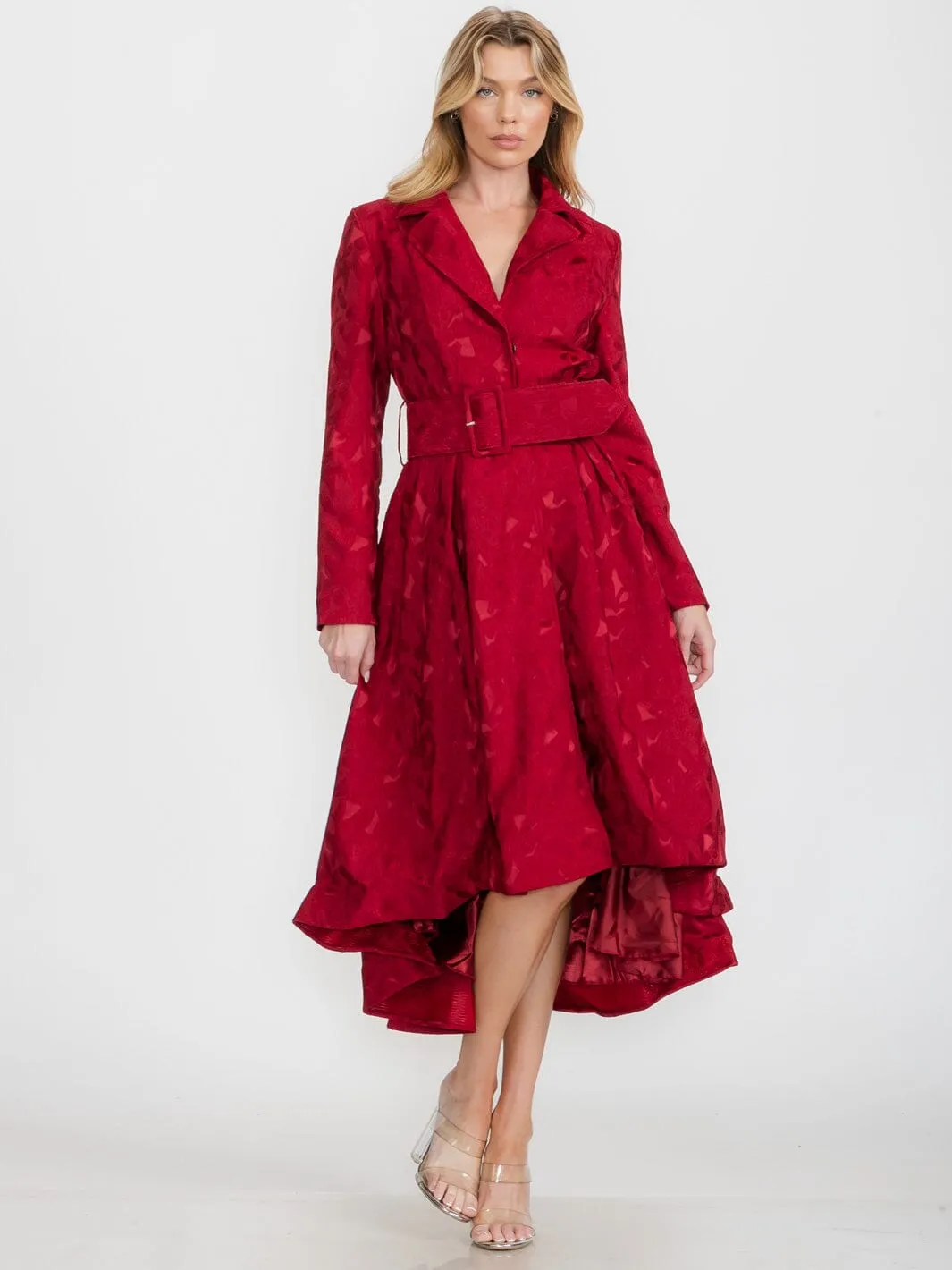 WOMEN'S LONG SLEEVE BUTTON CLOSURE HIGH LOW BELTED DRESS COAT