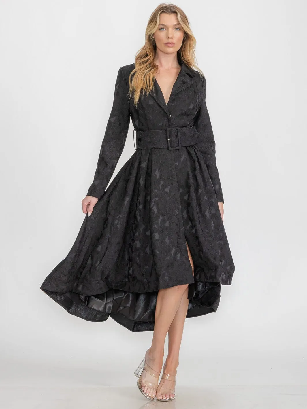 WOMEN'S LONG SLEEVE BUTTON CLOSURE HIGH LOW BELTED DRESS COAT