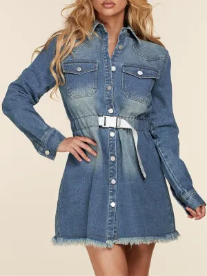 WOMEN'S LONG SLEEVE BUTTON UP BELTED DENIM MINI DRESS