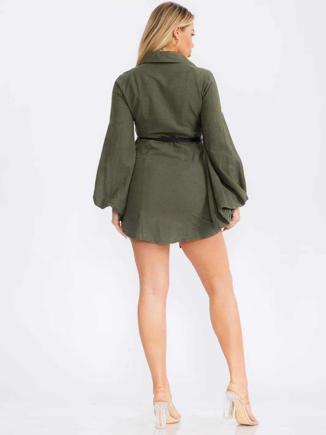 WOMEN'S LONG SLEEVE BUTTON UP BELTED LINEN MINI DRESS