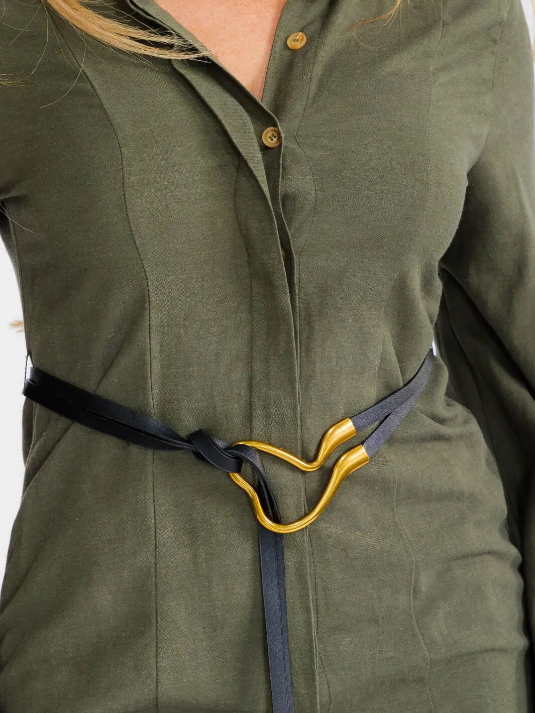 WOMEN'S LONG SLEEVE BUTTON UP BELTED LINEN MINI DRESS