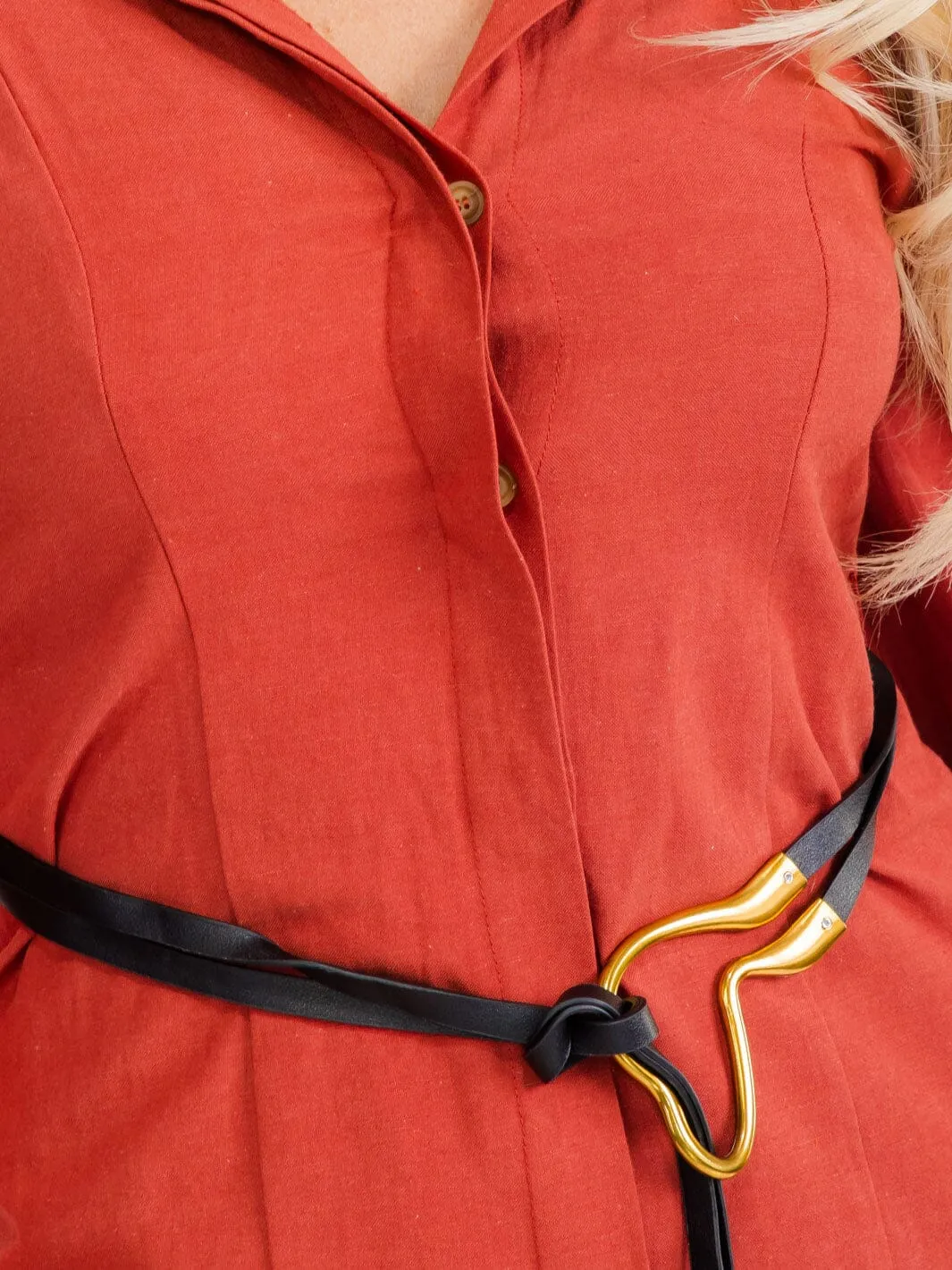 WOMEN'S LONG SLEEVE BUTTON UP BELTED LINEN MINI DRESS