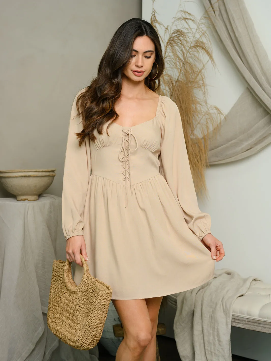 WOMEN'S LONG SLEEVE SMOCKED BACK MINI DRESS