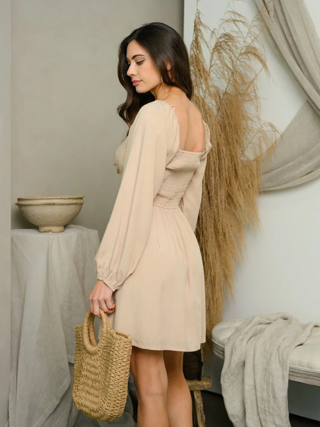 WOMEN'S LONG SLEEVE SMOCKED BACK MINI DRESS