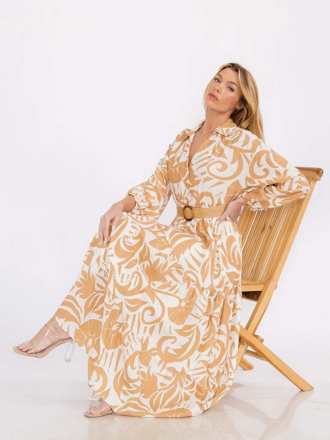 WOMEN'S LONG SLEEVE SURPLICE BELTED PRINT MAXI DRESS