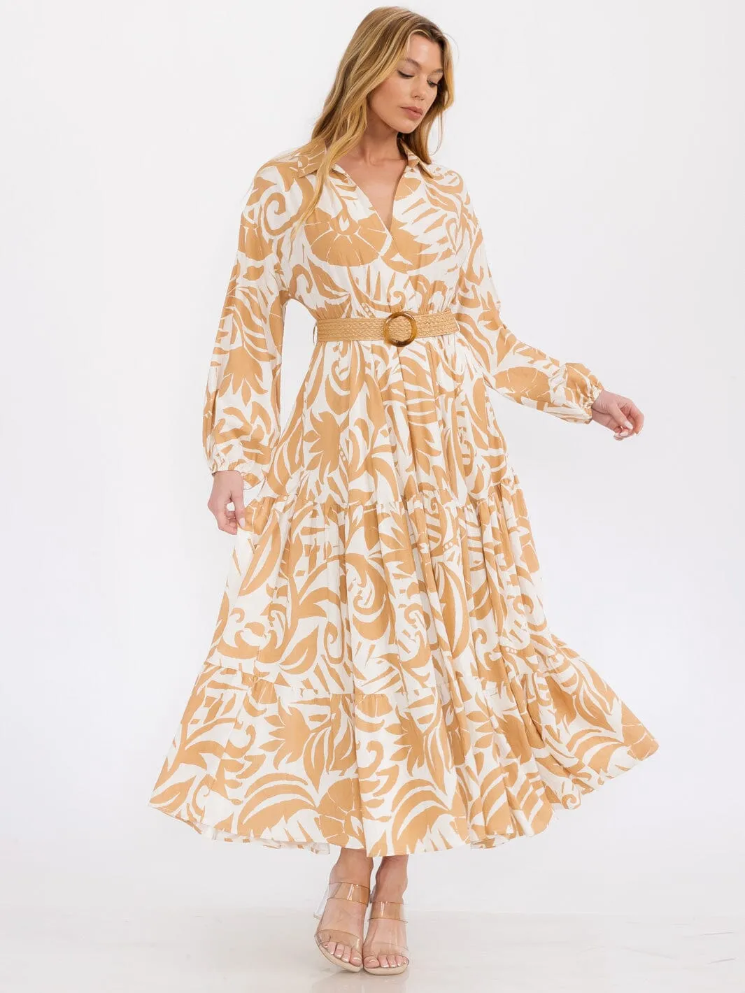 WOMEN'S LONG SLEEVE SURPLICE BELTED PRINT MAXI DRESS