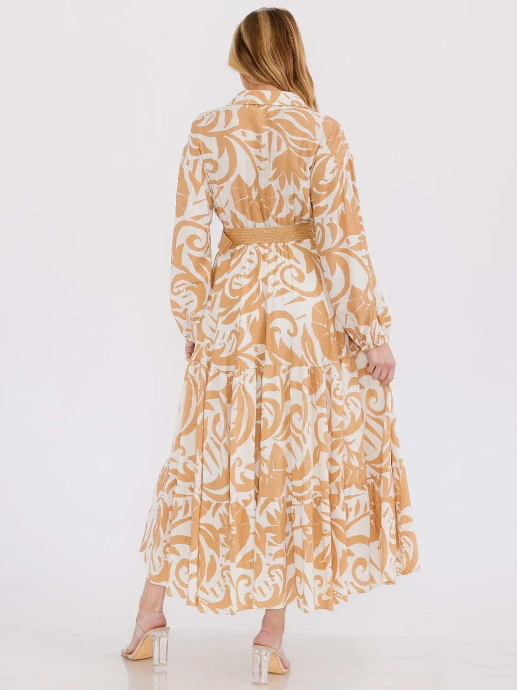 WOMEN'S LONG SLEEVE SURPLICE BELTED PRINT MAXI DRESS