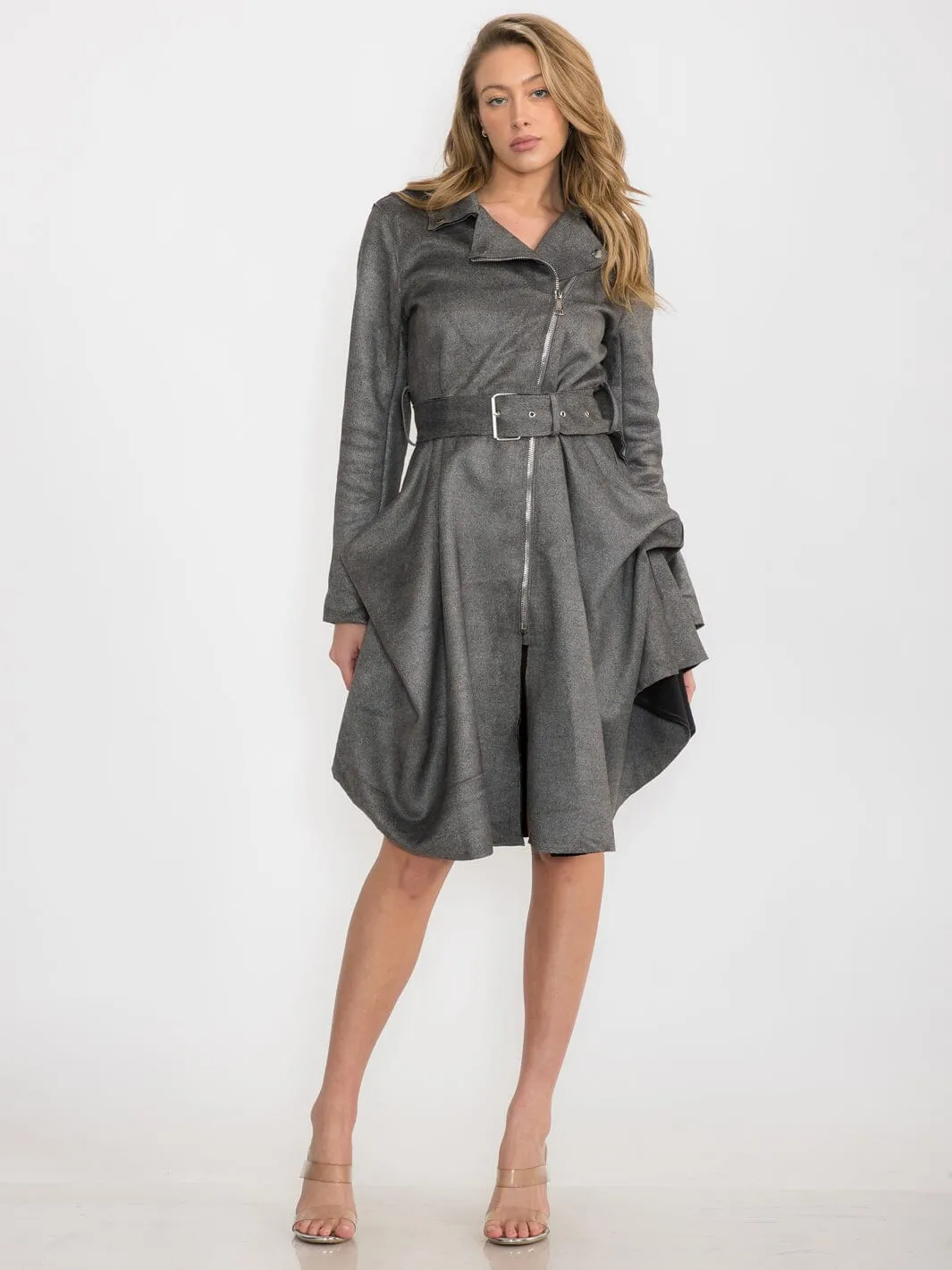 WOMEN'S LONG SLEEVE ZIPPER CLOSURE BELTED MIDI DRESS