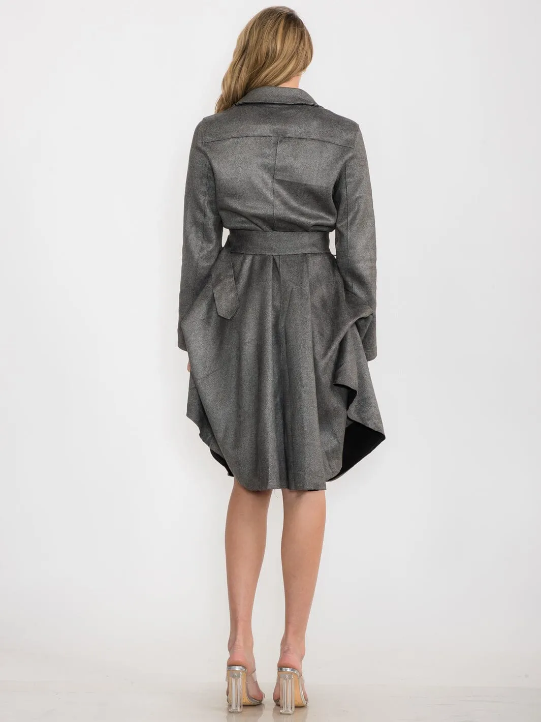 WOMEN'S LONG SLEEVE ZIPPER CLOSURE BELTED MIDI DRESS