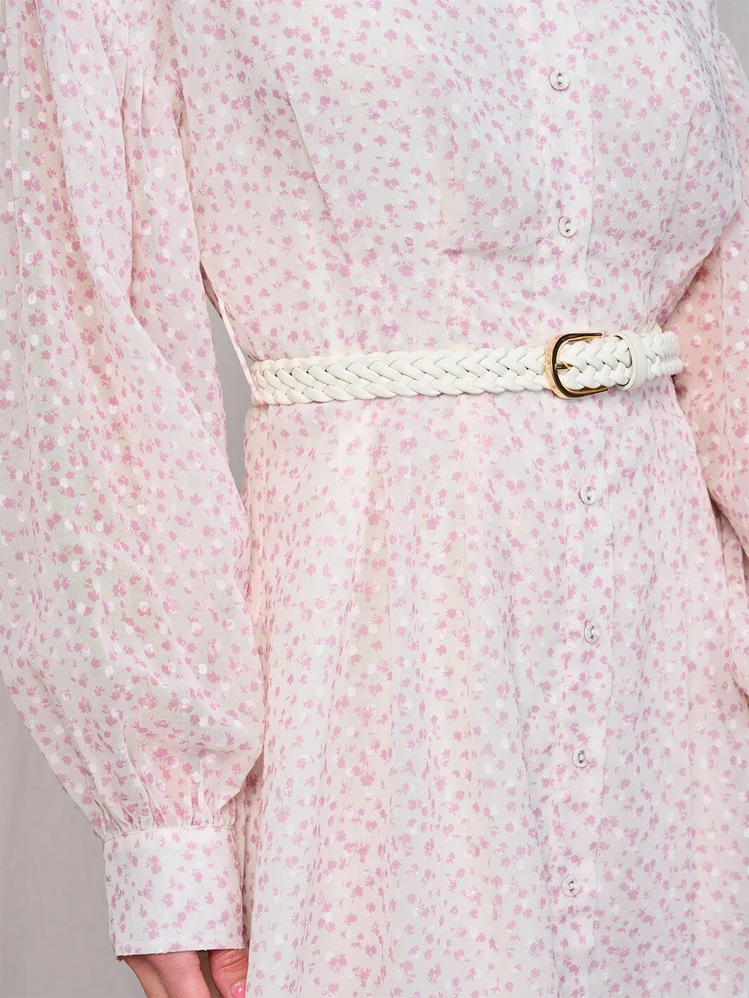 WOMEN'S LONG SLEEVES BUTTON UP BELTED FLORAL MIDI DRESS