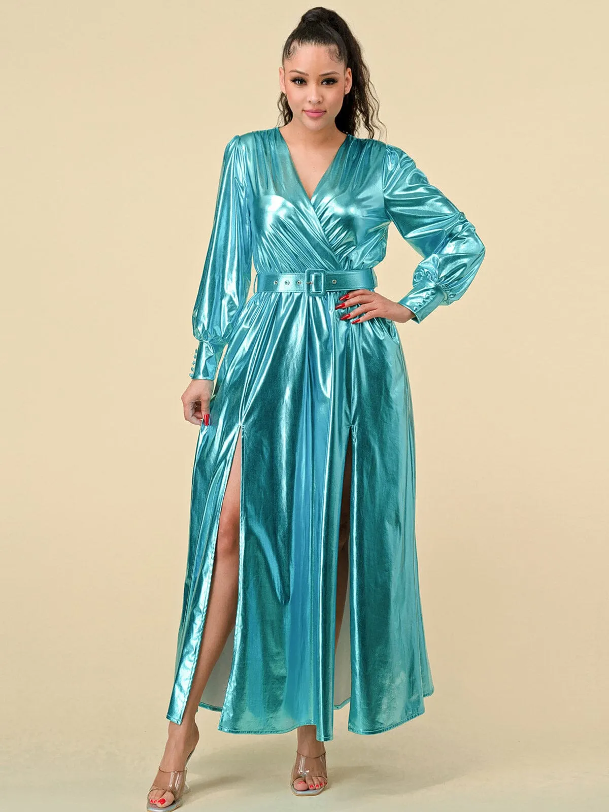 WOMEN'S LONG SLEEVES SURPLICE FRONT SLIT BELTED METALLIC MAXI DRESS