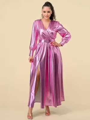 WOMEN'S LONG SLEEVES SURPLICE FRONT SLIT BELTED METALLIC MAXI DRESS