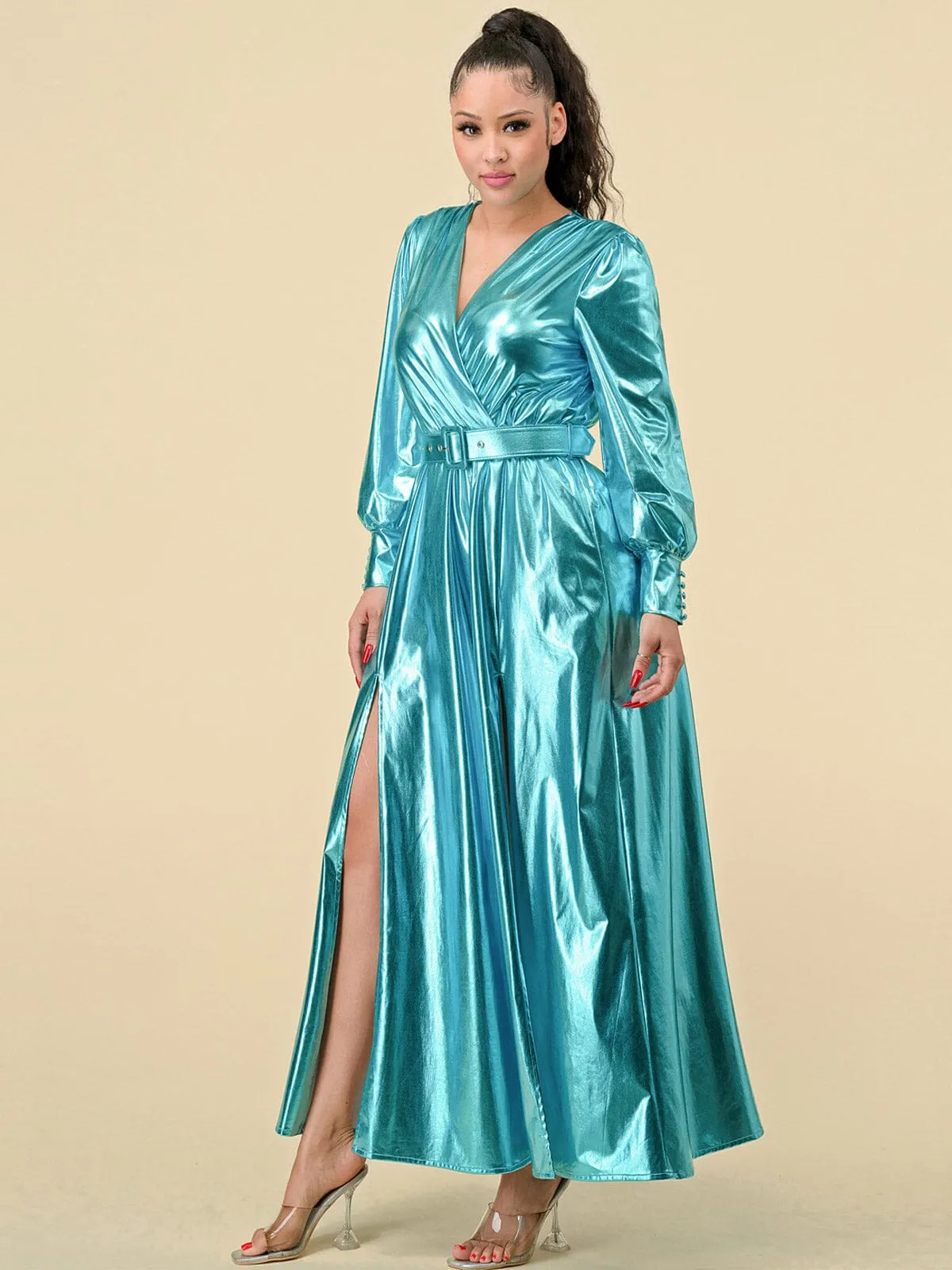 WOMEN'S LONG SLEEVES SURPLICE FRONT SLIT BELTED METALLIC MAXI DRESS