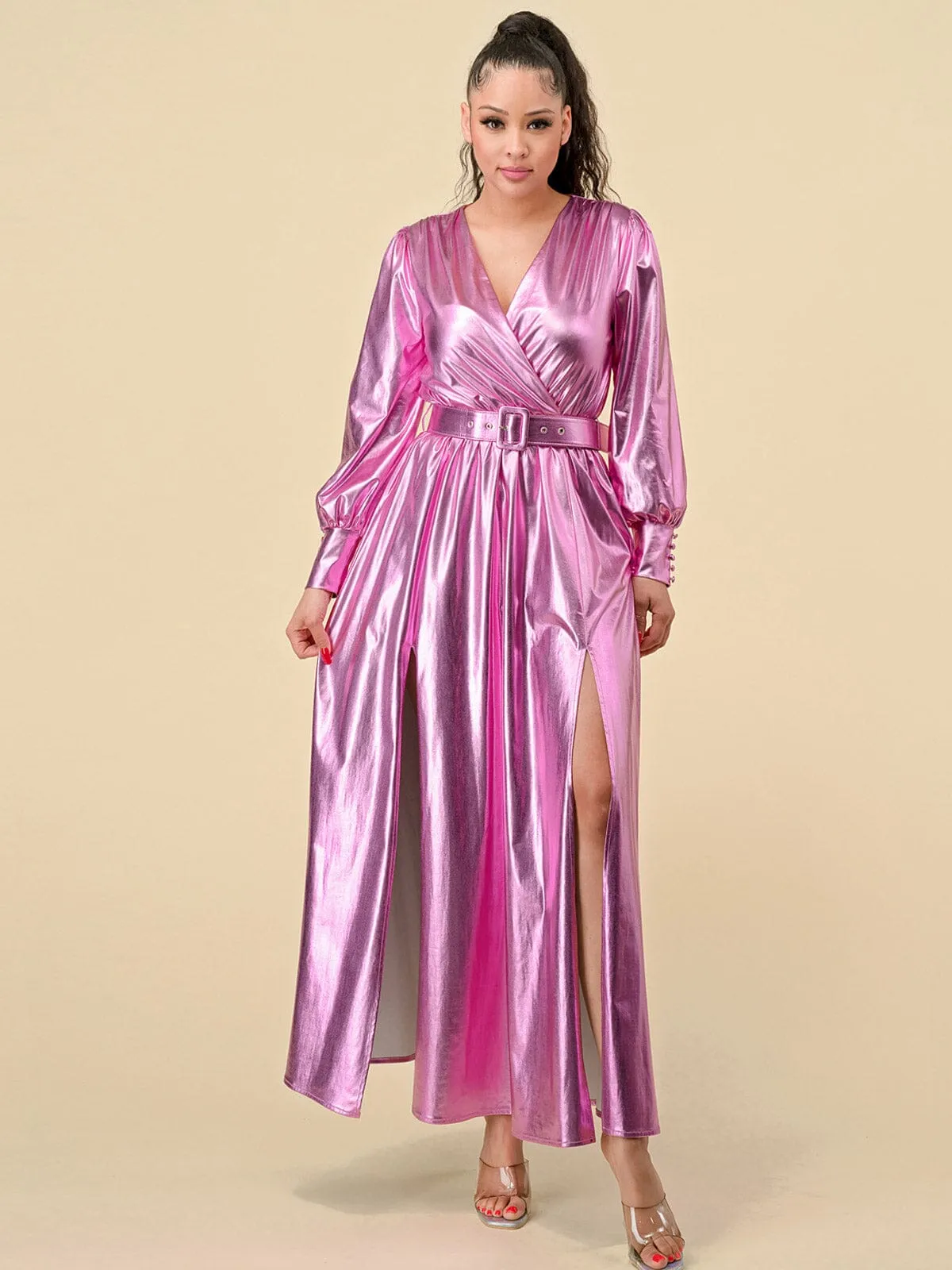 WOMEN'S LONG SLEEVES SURPLICE FRONT SLIT BELTED METALLIC MAXI DRESS