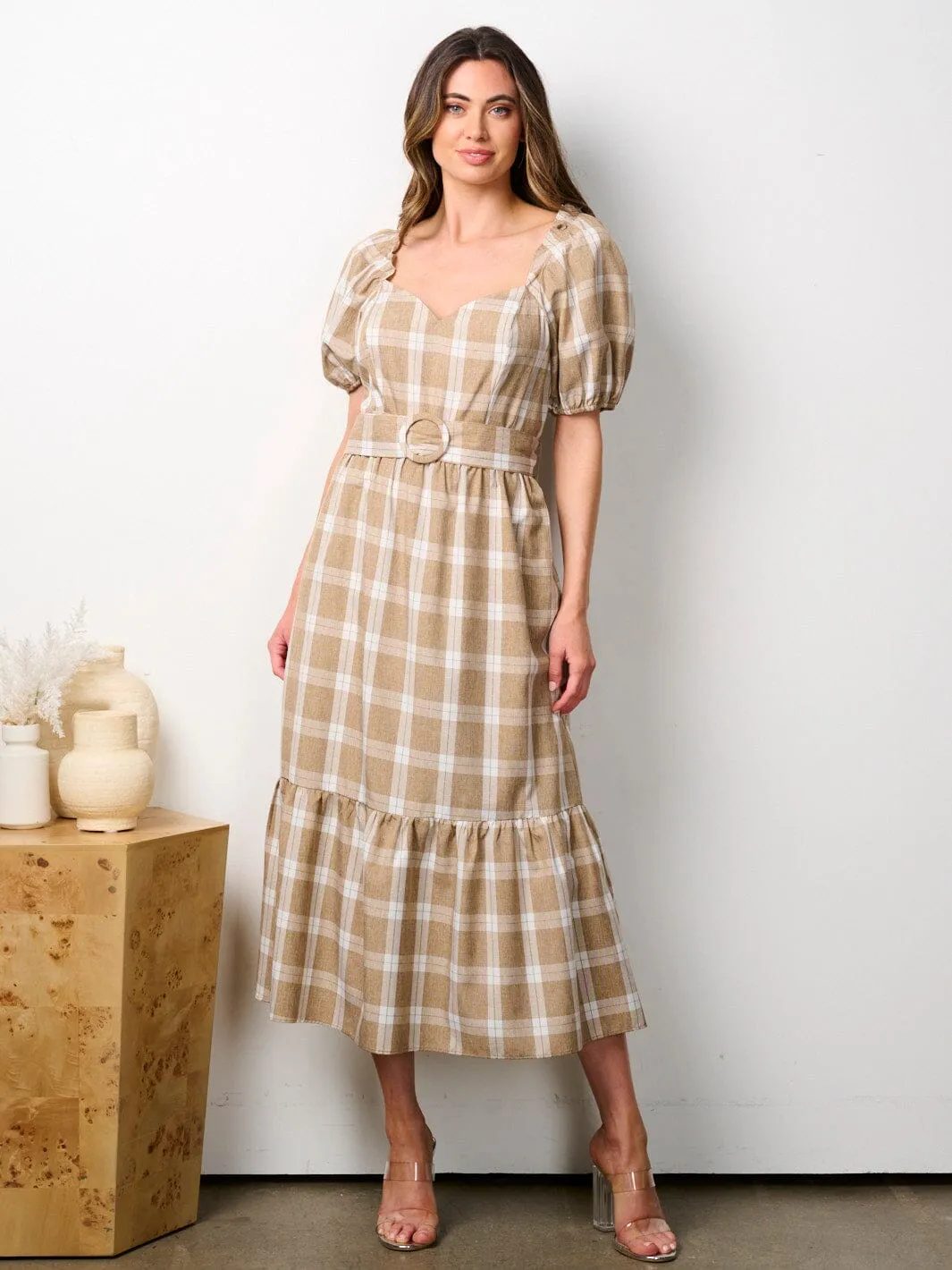 WOMEN'S SHORT PUFF SLEEVE BELTED CHECKER PRINT MIDI DRESS