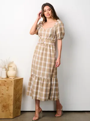 WOMEN'S SHORT PUFF SLEEVE BELTED CHECKER PRINT MIDI DRESS