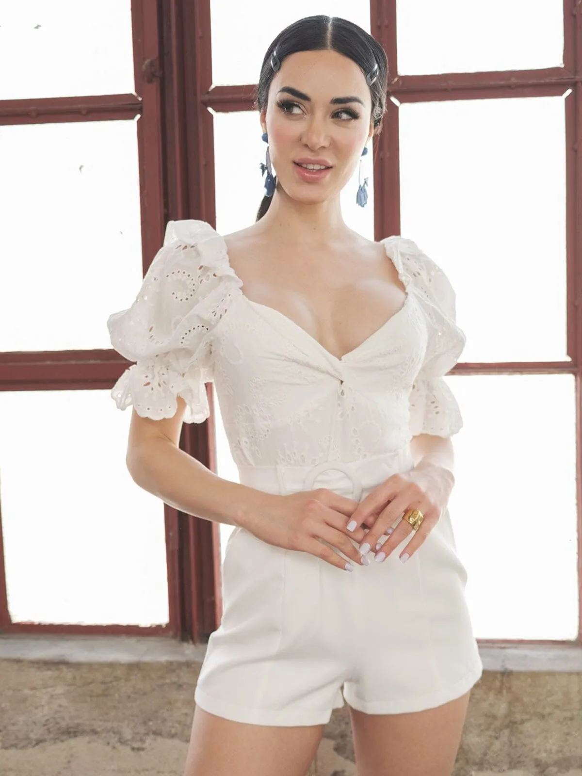 WOMEN'S SHORT PUFF SLEEVES POCKETS BELTED EYELET DETAILED ROMPER