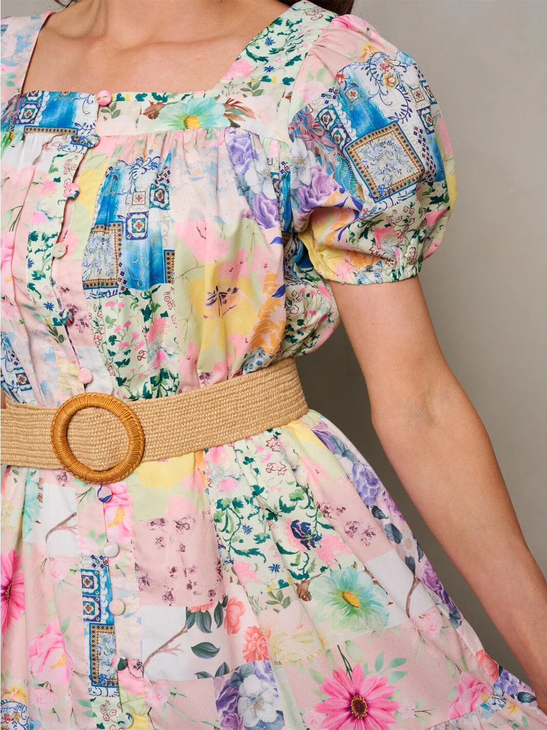 WOMEN'S SHORT SLEEVE BUTTON UP BELTED FLORAL MINI DRESS