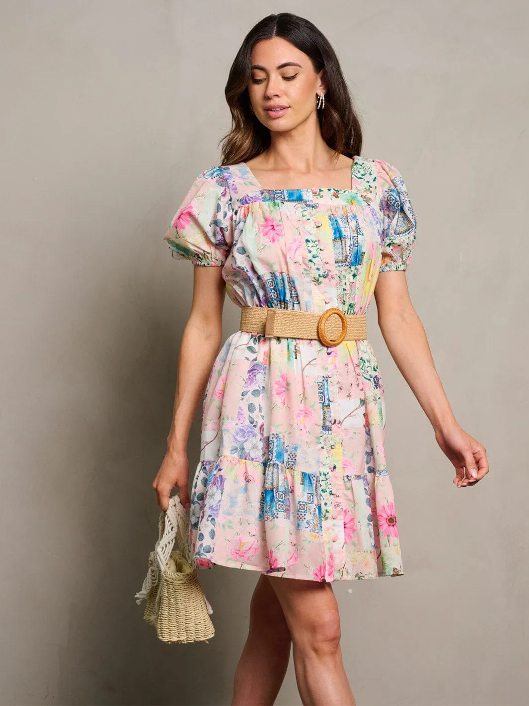 WOMEN'S SHORT SLEEVE BUTTON UP BELTED FLORAL MINI DRESS