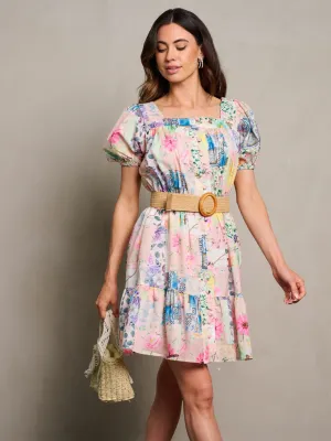WOMEN'S SHORT SLEEVE BUTTON UP BELTED FLORAL MINI DRESS