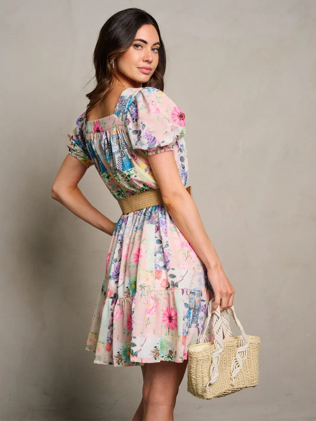 WOMEN'S SHORT SLEEVE BUTTON UP BELTED FLORAL MINI DRESS