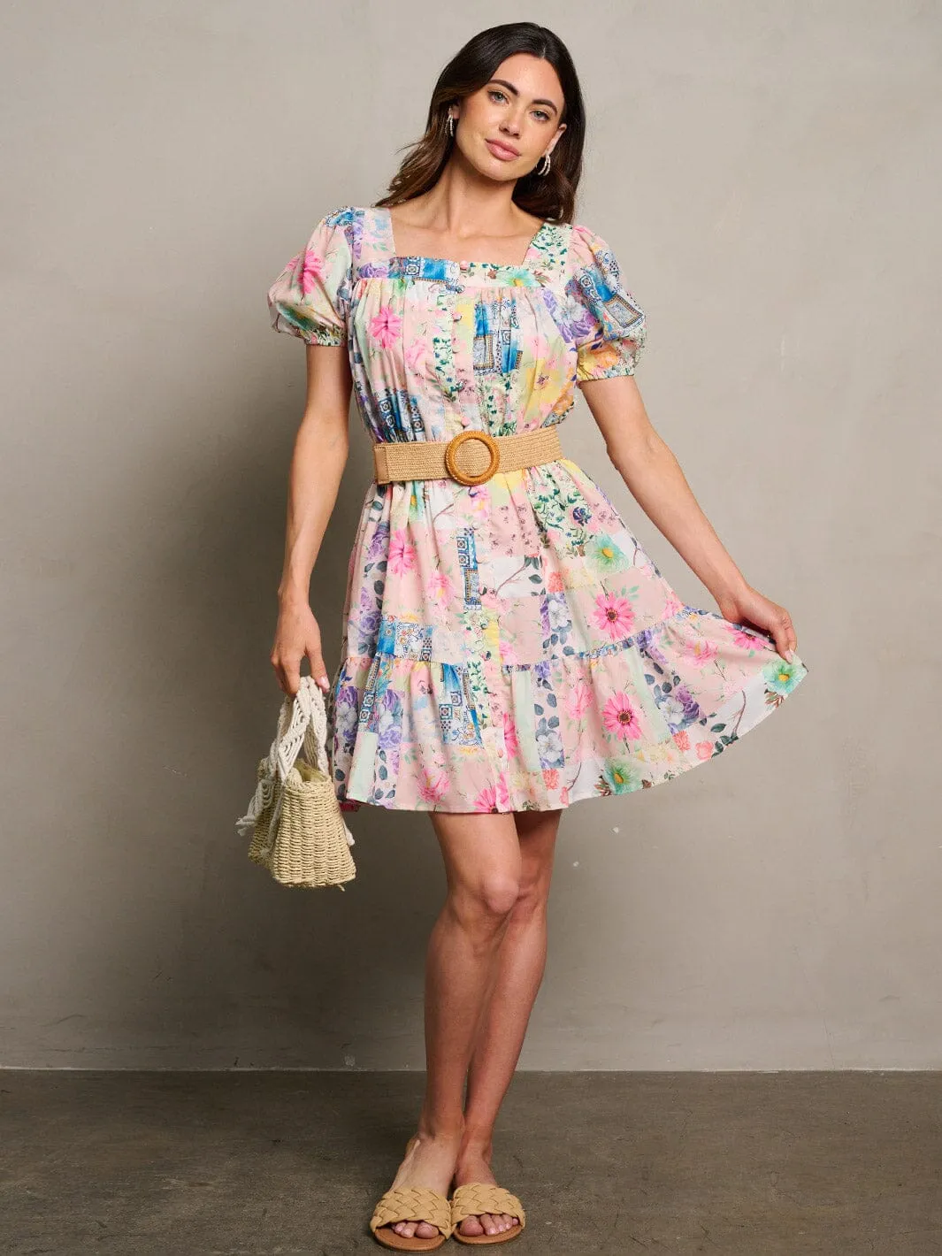 WOMEN'S SHORT SLEEVE BUTTON UP BELTED FLORAL MINI DRESS