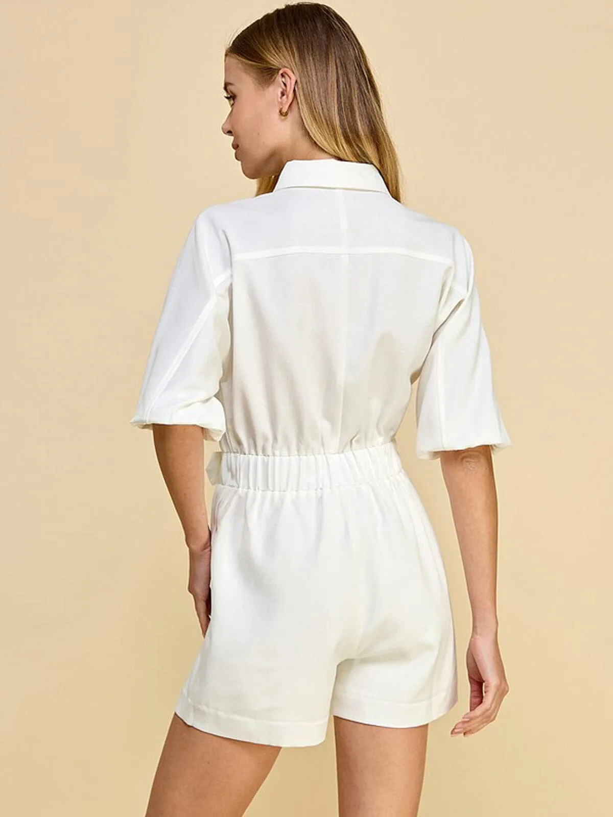 WOMEN'S SHORT SLEEVE BUTTON UP POCKETS BELTED ROMPER