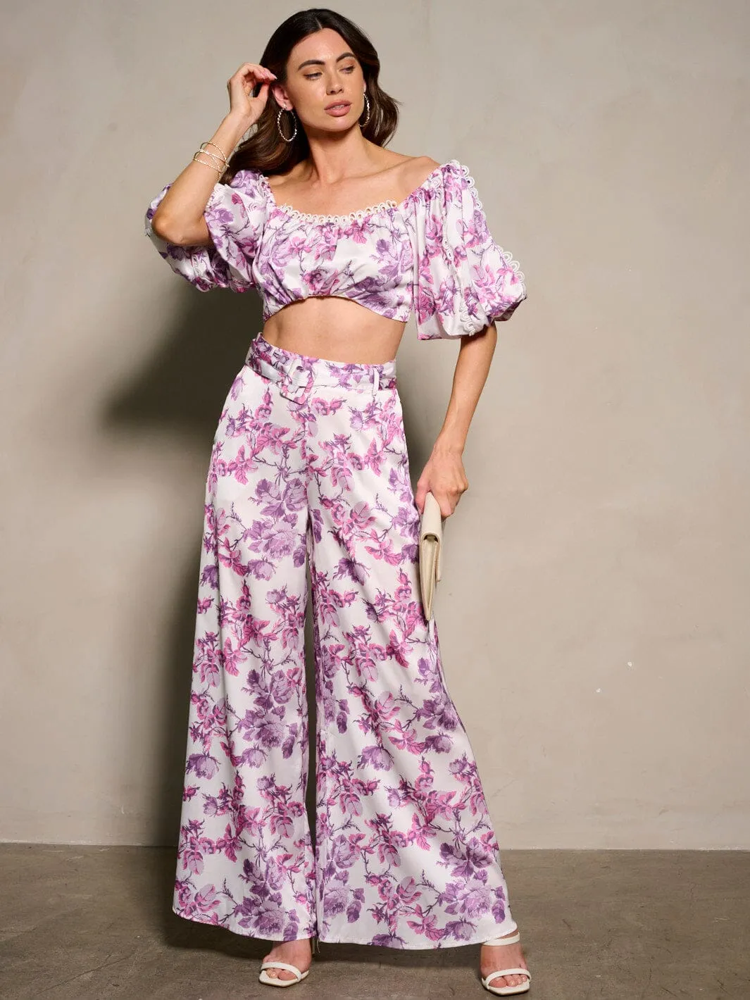 WOMEN'S SHORT SLEEVE CROP TOP & BELTED PANTS FLORAL 2PC. SET