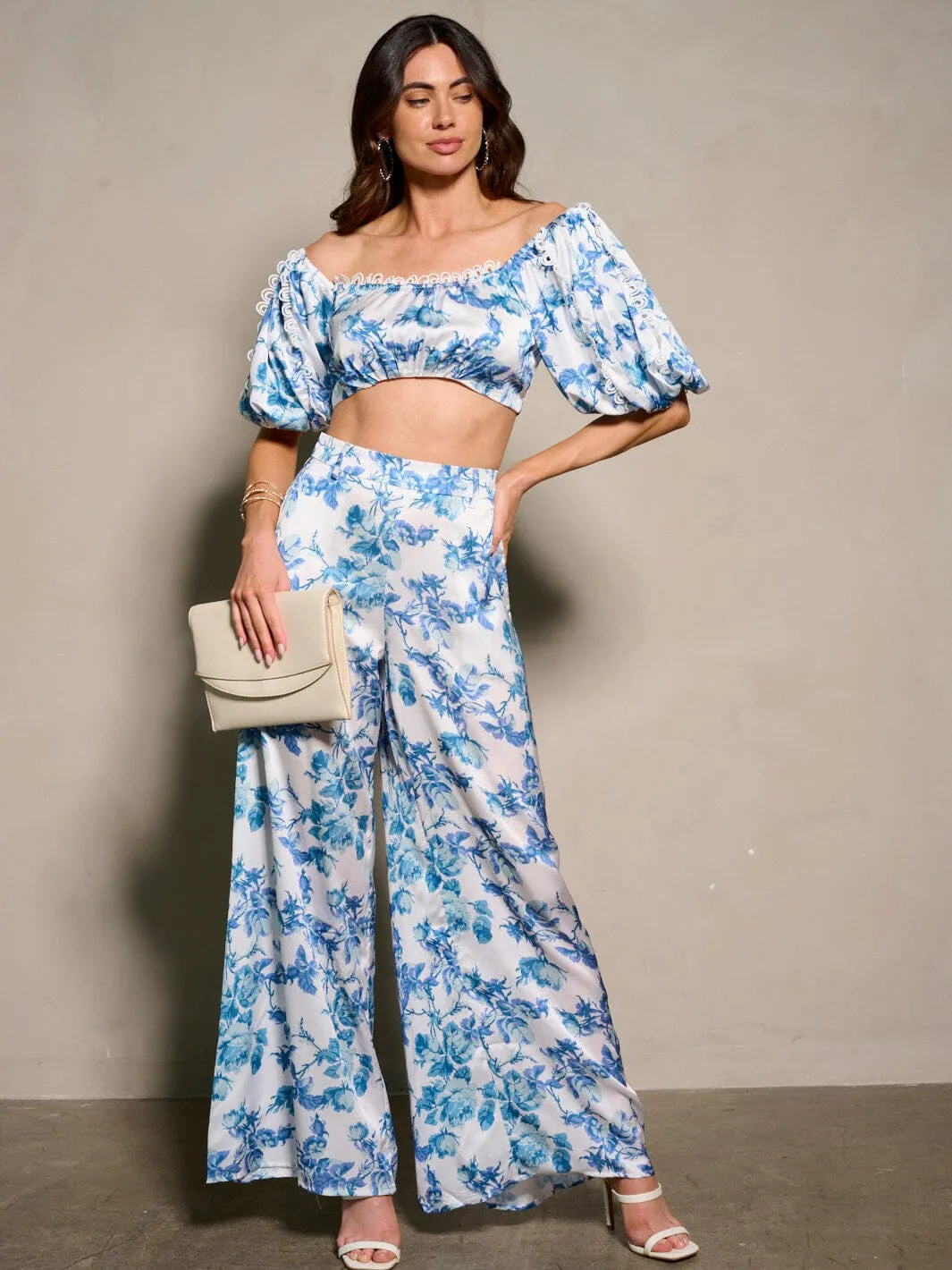 WOMEN'S SHORT SLEEVE CROP TOP & BELTED PANTS FLORAL 2PC. SET