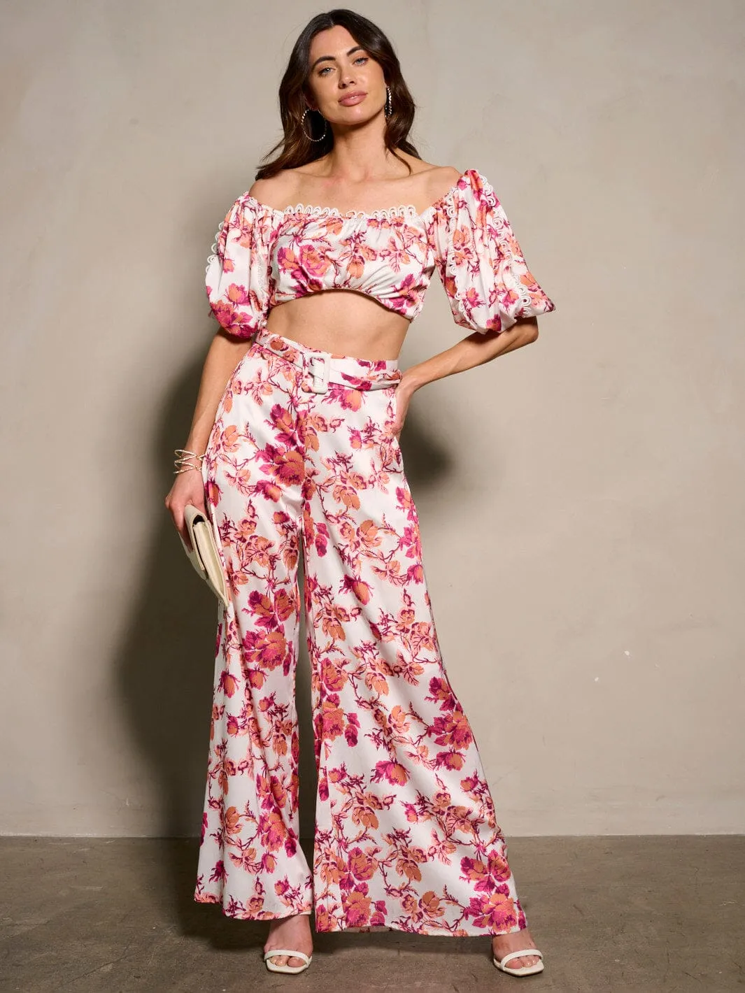 WOMEN'S SHORT SLEEVE CROP TOP & BELTED PANTS FLORAL 2PC. SET