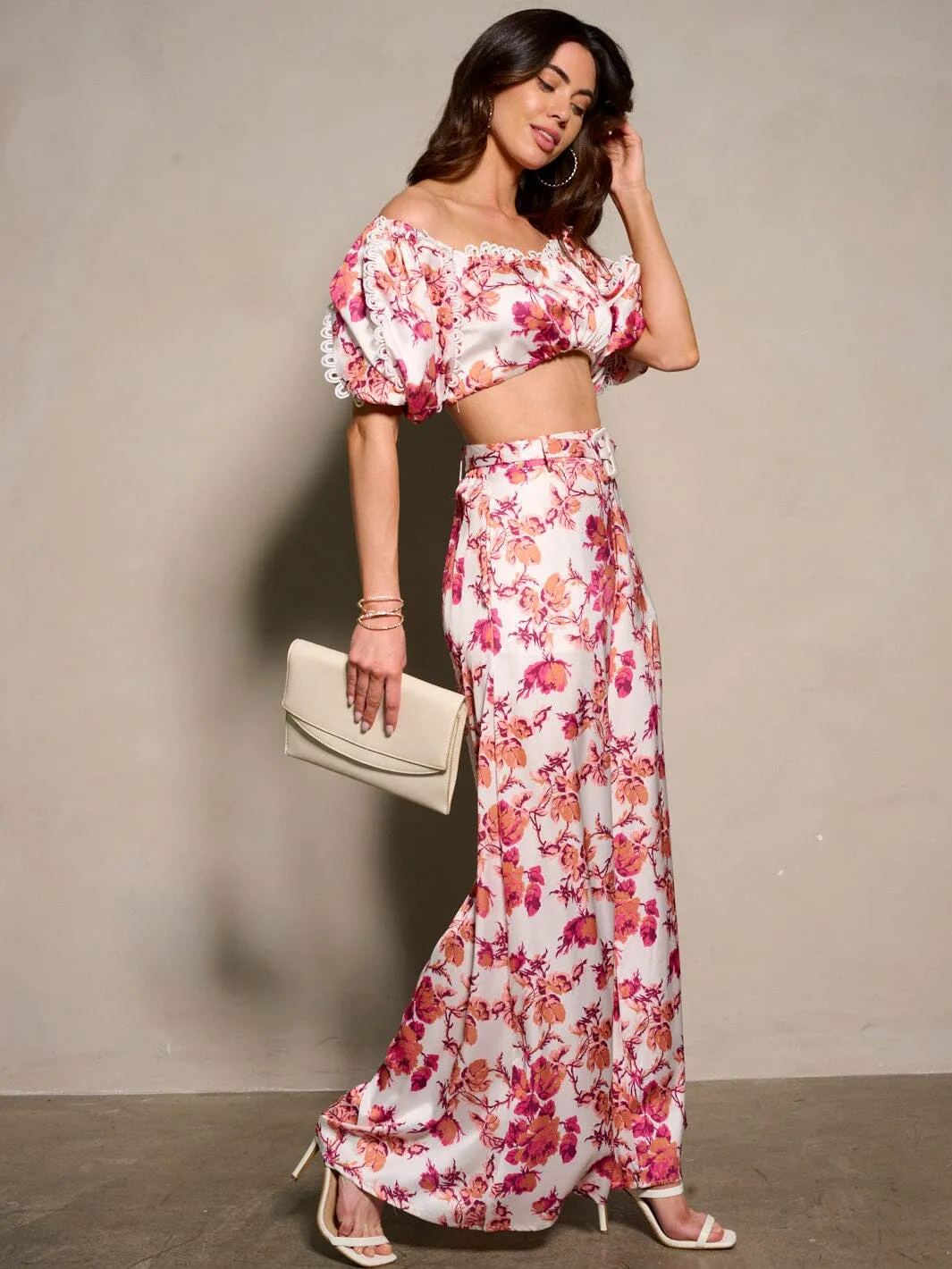 WOMEN'S SHORT SLEEVE CROP TOP & BELTED PANTS FLORAL 2PC. SET