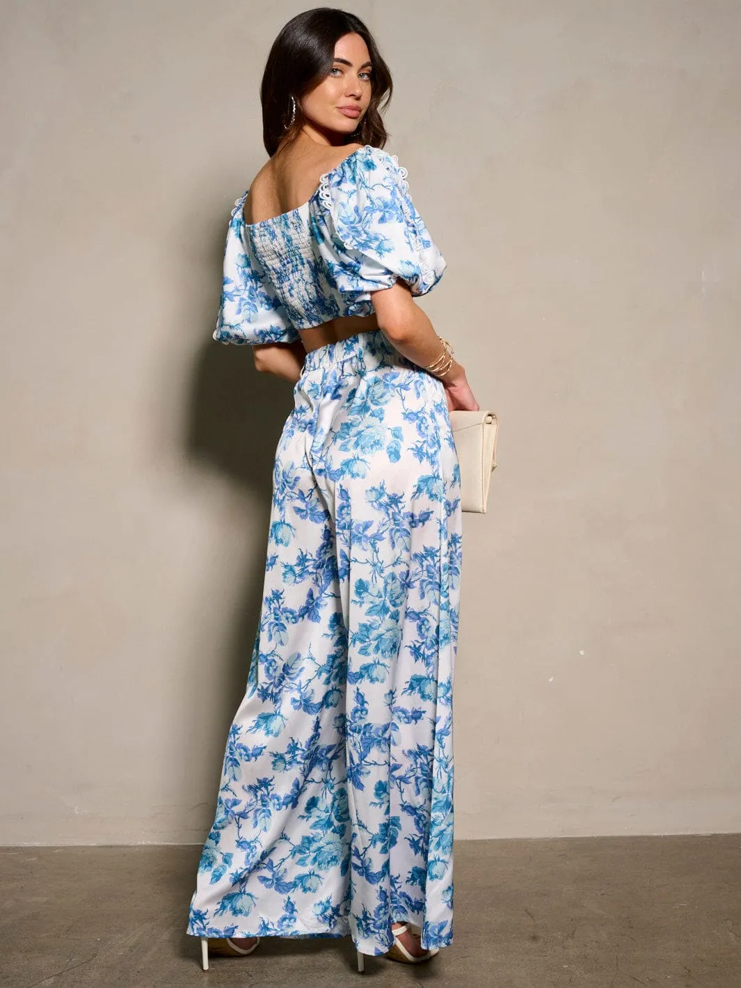 WOMEN'S SHORT SLEEVE CROP TOP & BELTED PANTS FLORAL 2PC. SET
