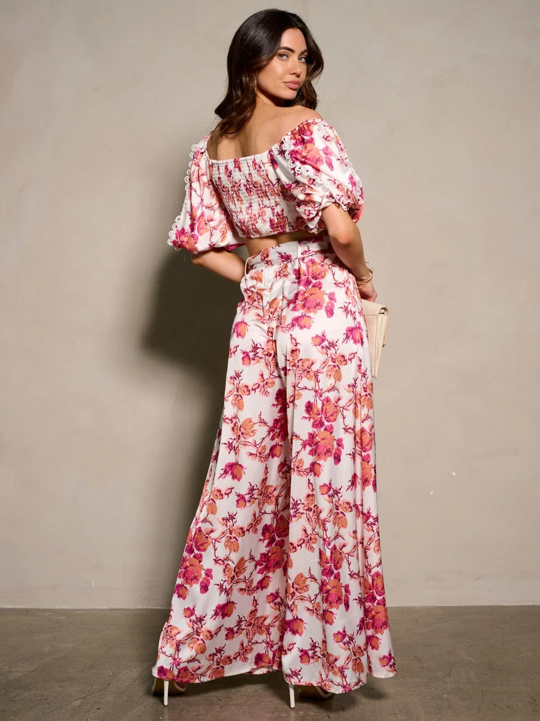 WOMEN'S SHORT SLEEVE CROP TOP & BELTED PANTS FLORAL 2PC. SET
