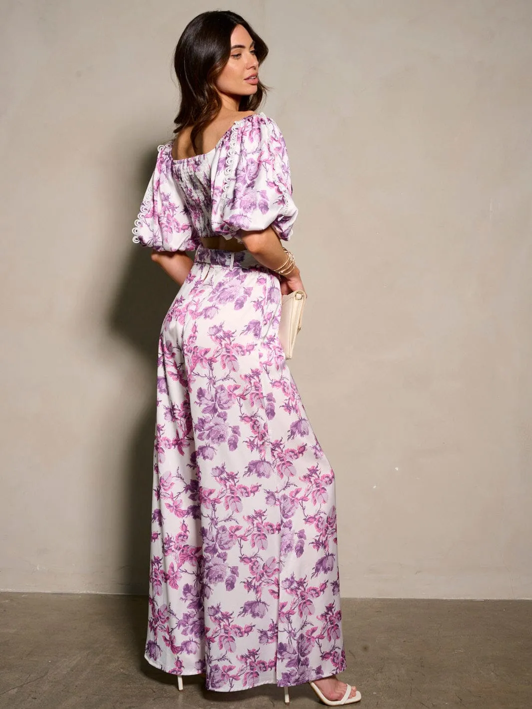 WOMEN'S SHORT SLEEVE CROP TOP & BELTED PANTS FLORAL 2PC. SET