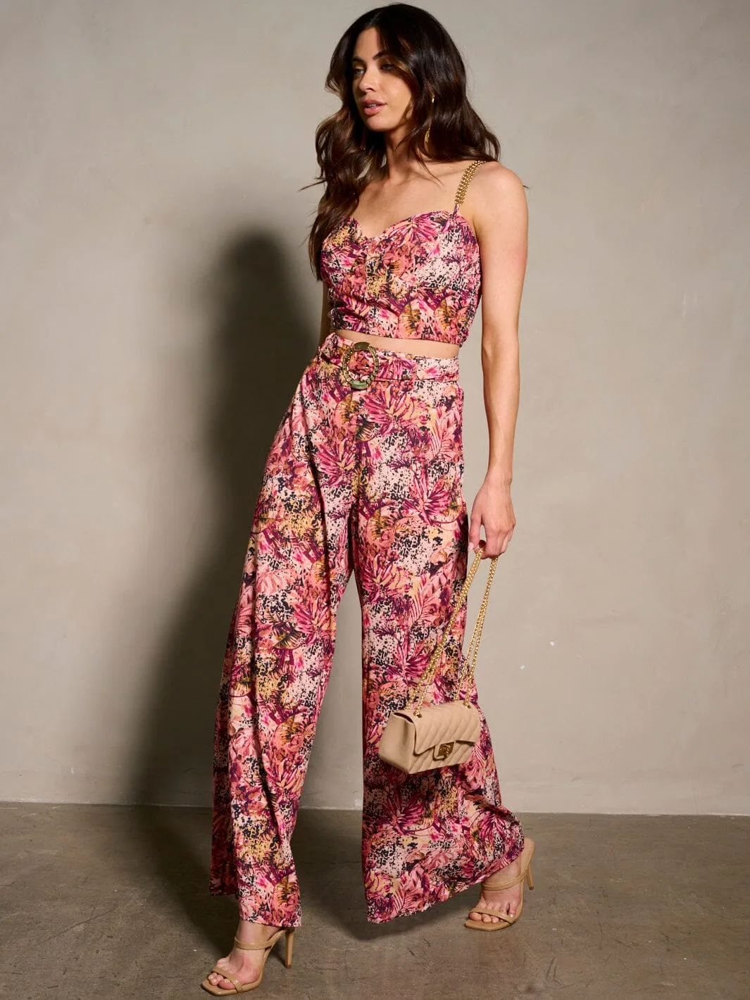 WOMEN'S SLEEVELESS CROP TOP & BELTED PANTS FLORAL 2PC. SET