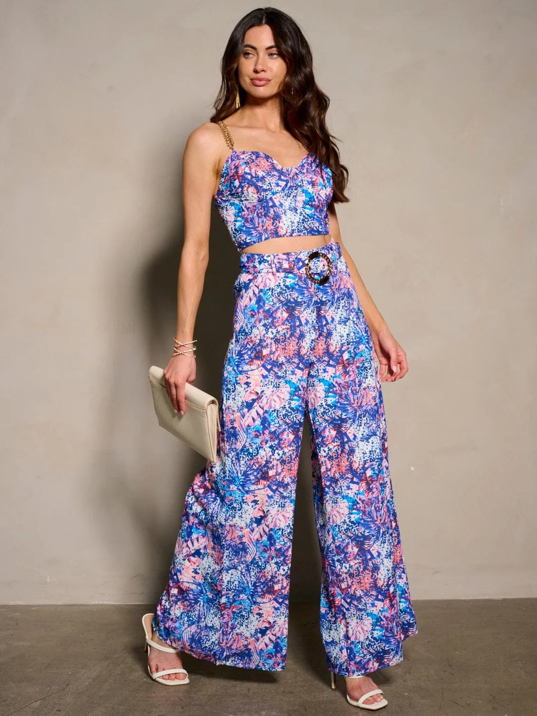 WOMEN'S SLEEVELESS CROP TOP & BELTED PANTS FLORAL 2PC. SET