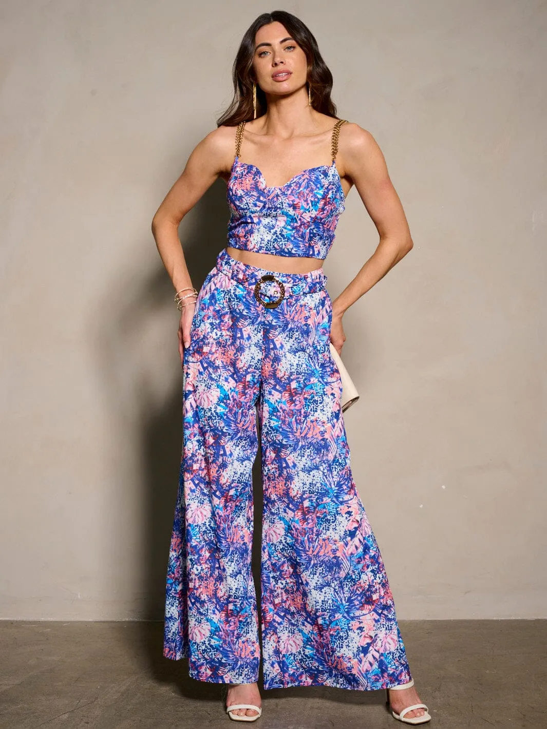 WOMEN'S SLEEVELESS CROP TOP & BELTED PANTS FLORAL 2PC. SET