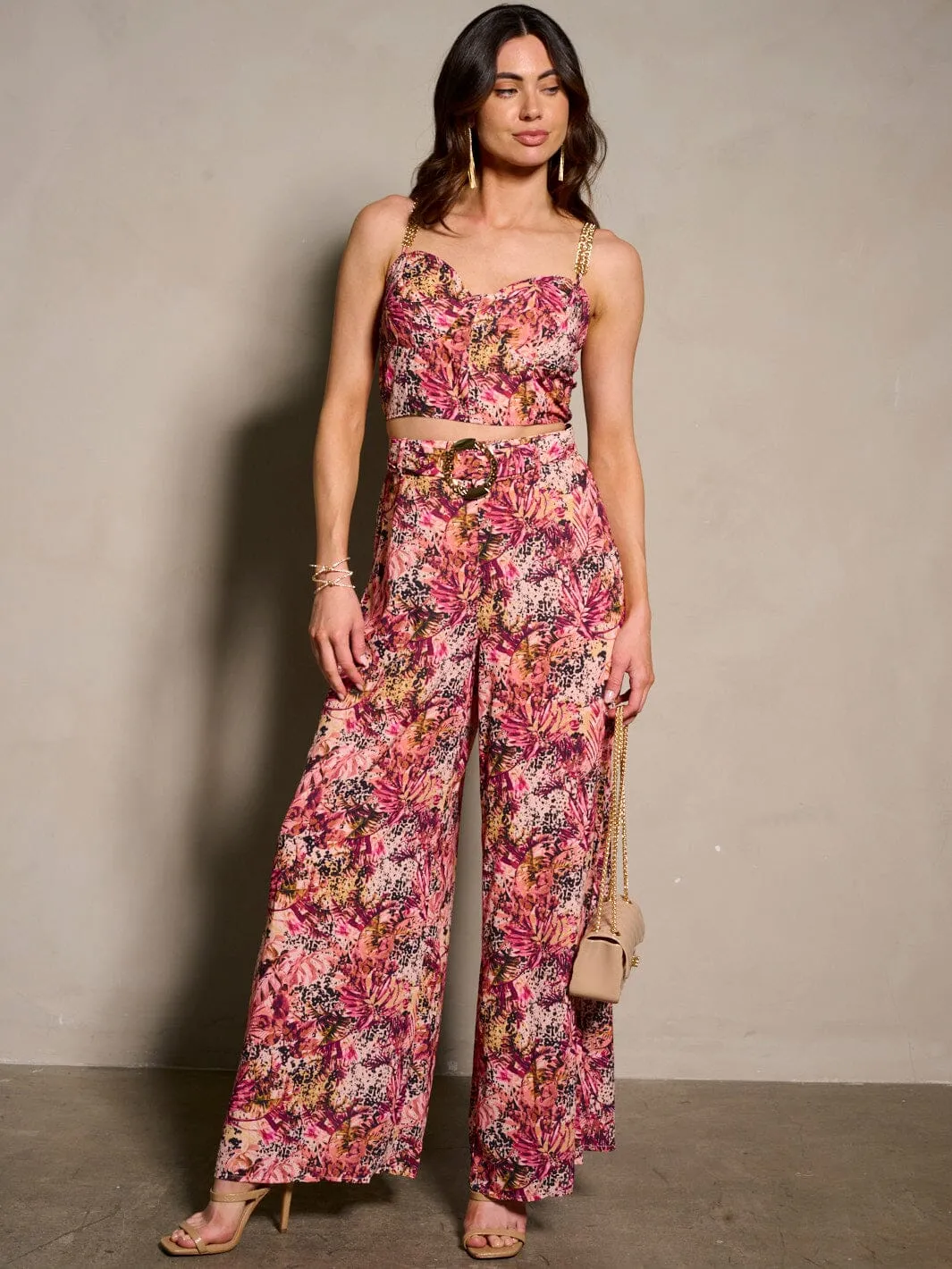 WOMEN'S SLEEVELESS CROP TOP & BELTED PANTS FLORAL 2PC. SET
