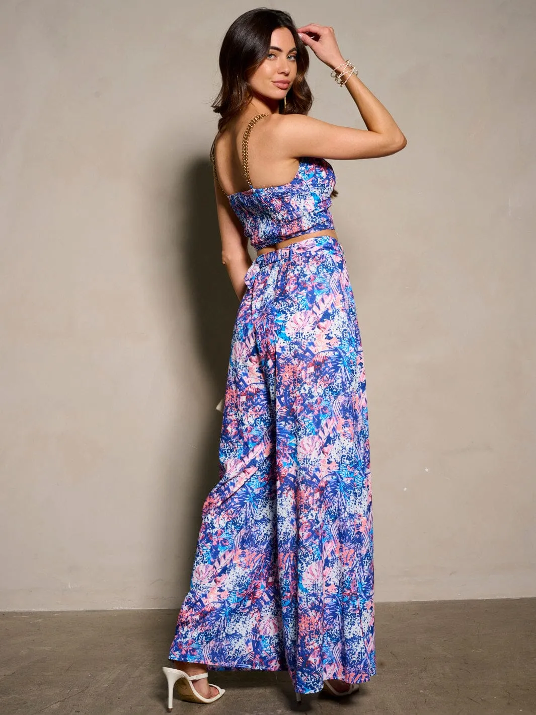 WOMEN'S SLEEVELESS CROP TOP & BELTED PANTS FLORAL 2PC. SET