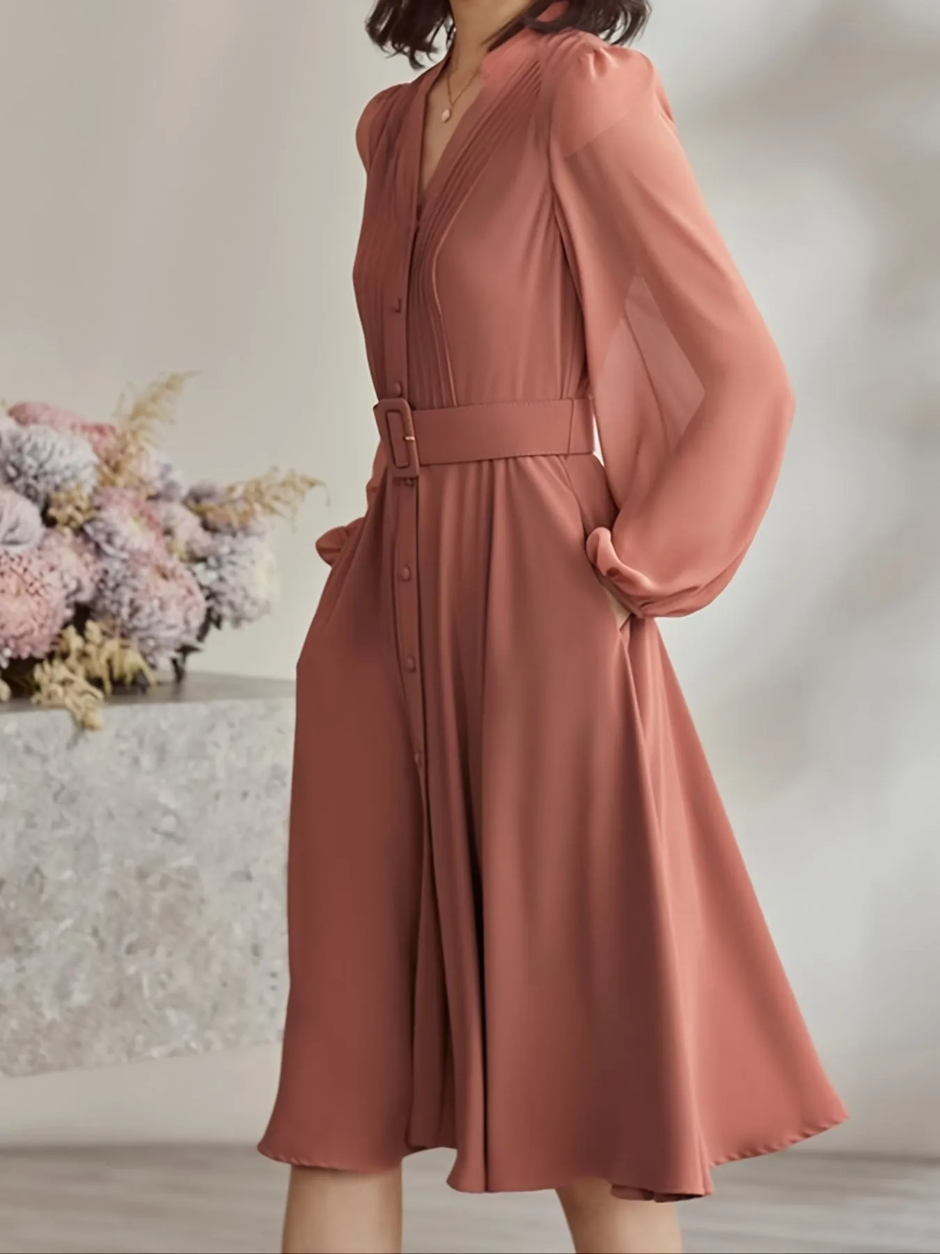 Women's Solid V Neck Stand Collar Long Sleeve Midi Dress
