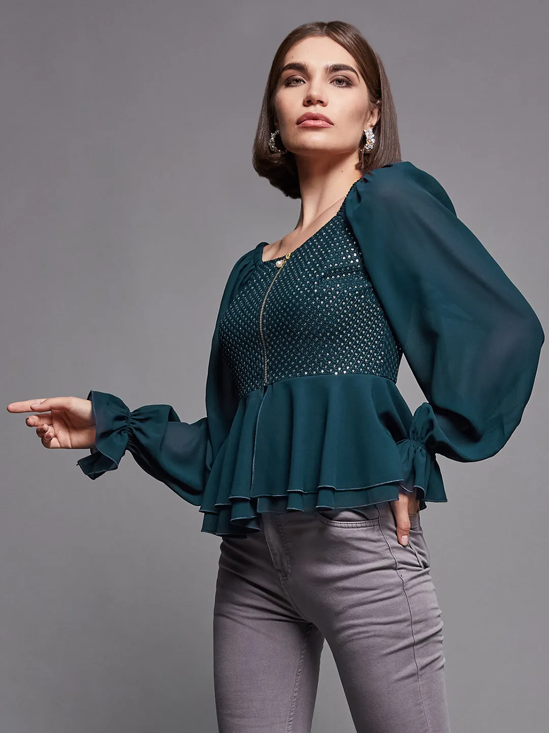 Women'S Teal Sweet Heart Neck Full Sleeve Sequined Georgette Party Top