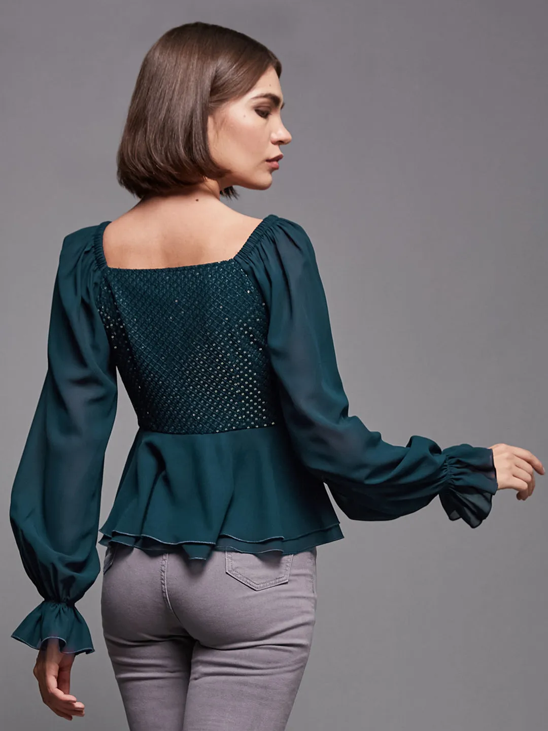 Women'S Teal Sweet Heart Neck Full Sleeve Sequined Georgette Party Top