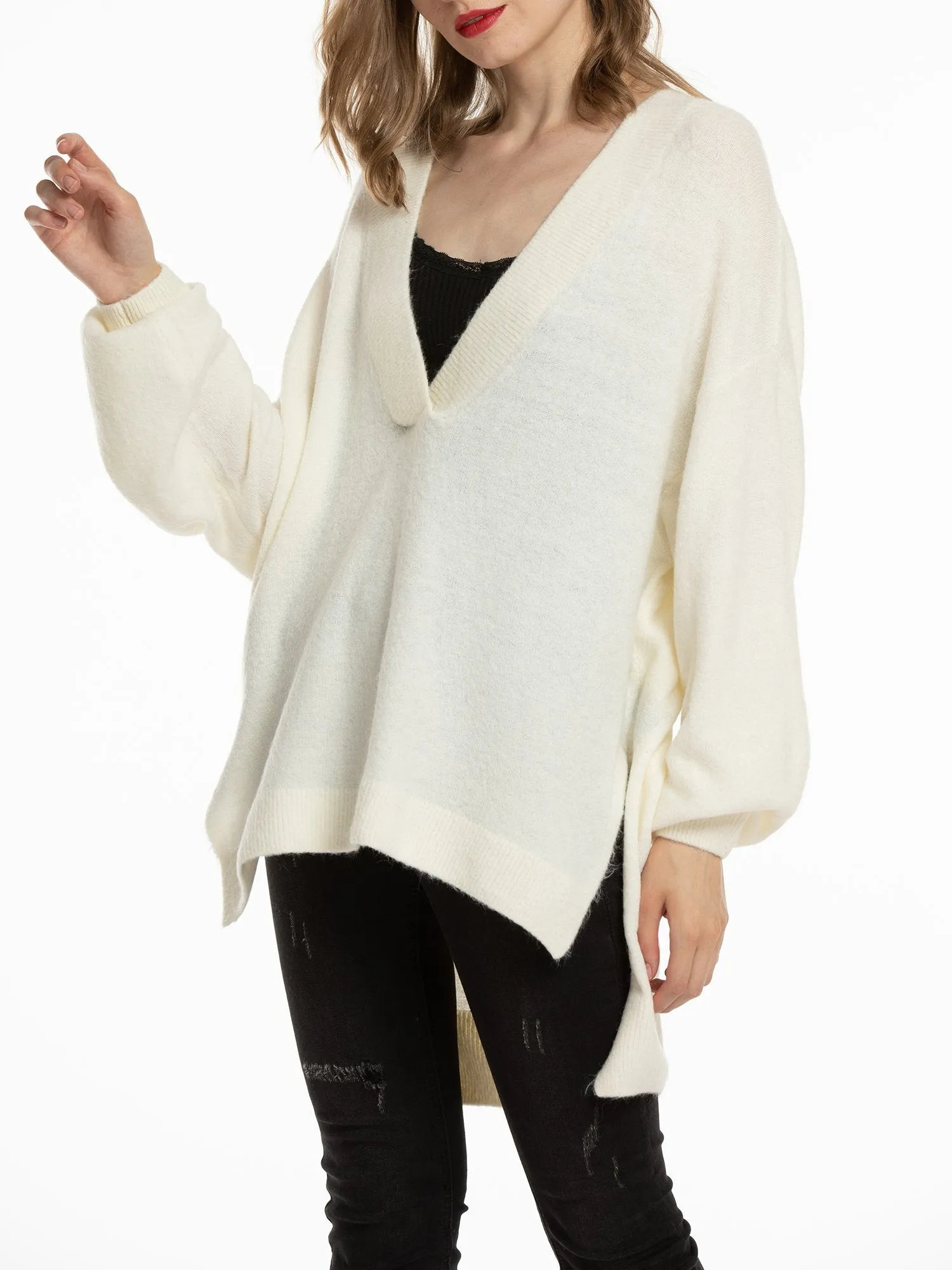 Women'S V Neck Oversized Loose Knit Sweater